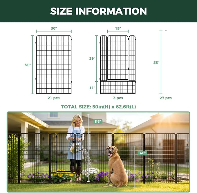 FXW Garden Fence Outdoor for the Yard – 50in(H) x 62.6ft(L) Heavy Duty Metal Animal Barrier for Dog, No Dig Decorative Dog Fence, 24 Panels, Black