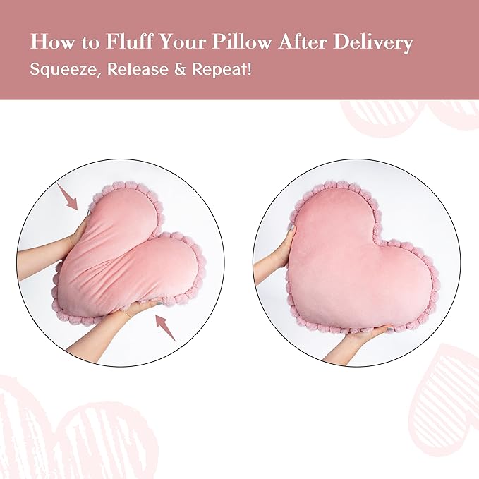 AELS Heart Shaped Pillow, Set of 2, Velvet Throw Pillows, Soft Velvet Love Pillows with Faux Fur Pom Poms, 20 & 16 Inches, Cute Valentines Day Decorations, Wedding Decor, Pink