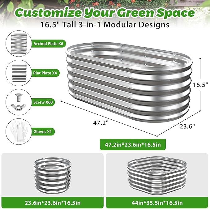 YSEJOMP 17" Tall Outdoor Garden Raised Garden Bed Kits, 4ft X 2ft Oval,0.8MM Thick Metal Raised Planter Bed/Ground Planter Box for Variety of Flowers,Herbs,Vegetables (Silver, 48X24X16.5 Inches)