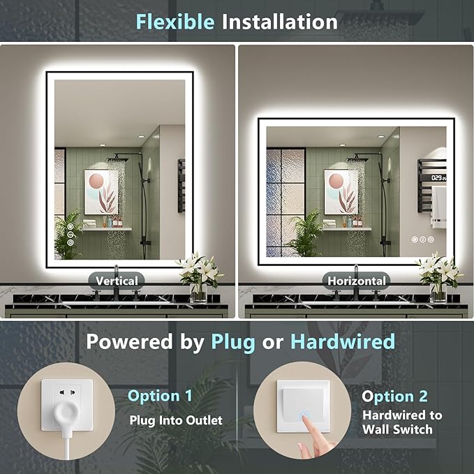 44x36 Black Framed LED Bathroom Mirror