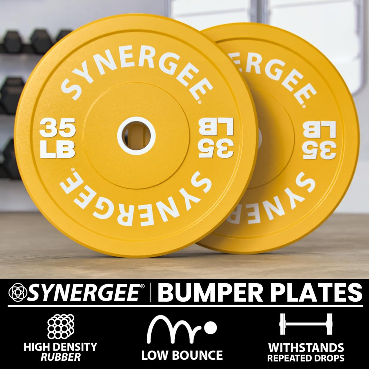 Synergee Bumper Plates – Durable Olympic Weight Plates, Low-Bounce Rubber for Strength Training, Powerlifting, and Functional Workouts.