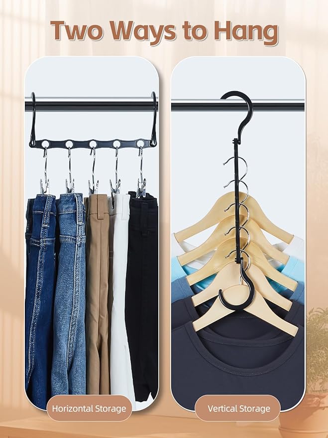HOUSE DAY Space Saving Hangers, Black, 8 Pack, Collapsible Closet Organizer, Smart Hangers Plastic, Space Saver Hangers with 5 Holes, Sturdy Closet Organizers and Storage