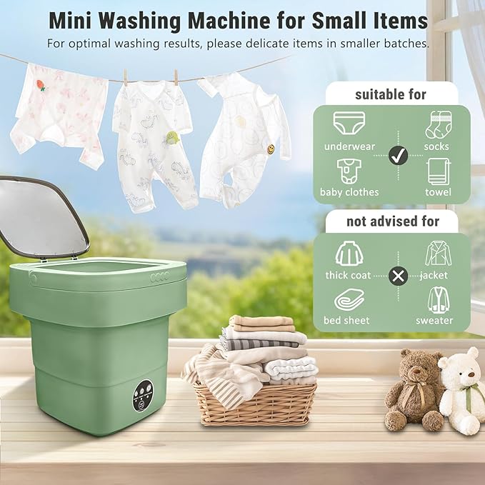 Portable Washing Machine, Foldable Personal Washer w/Integrated Drain Pipe and Spin Basket for Light Clothes, 3 Cleaning Modes, Blue Light Collapsible Laundry for Travel, Apartment, RV, Baby Clothes