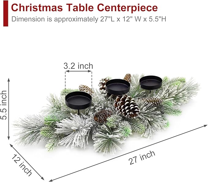Christmas Centerpiece Table Decorations, Handcrafted Snowy Pine Cones and Pine Needles with 3 Candle Holders for Dining Table Fireplace Mantel - 27.5 in