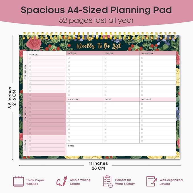 Taja Weekly To Do List Notepad with 52 Undated Sheets（8.5"×11"）- Weekly Desk Planner for Women & Man, Work and Home - 1 Pack Berry Floral