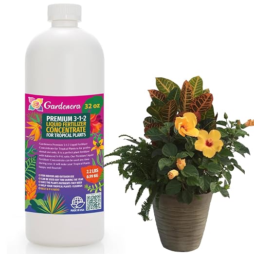 Gardenera Premium Liquid Tropical Plant Fertilizer - 3-1-2 Concentrate for Indoor Plants and Flowers - Organic Plant Food - 32oz