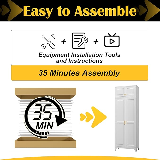 Steeloong90“ Kitchen Pantry Cabinet,Metal Storage Cabinets with Doors and 4 Adjustable Shelves,White Kitchen Cabinet with 2 Gold Handles,Tall Cabinet for Livingroom,Pantry, Bathroom