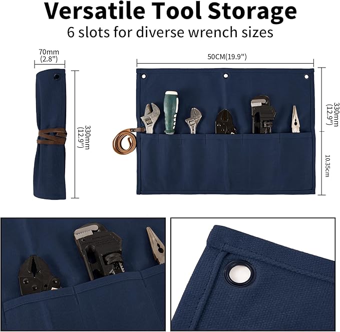 Chisel Roll,Small Tool Roll Pouch,Tool Roll Bag Organizer, Heavy Duty Waxed Canvas Tool Bag, Multi-Purpose Roll-Up Storage Bag for Hand Tools Holder with 6 Pockets Wrench Roll Up Pouch
