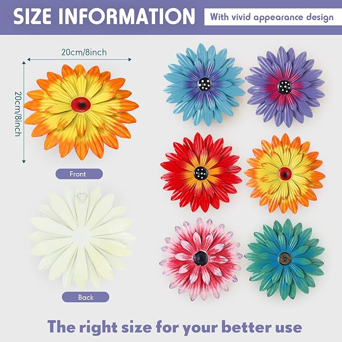 Zhehao 6 Pcs Flower Metal Wall Art Decor 8 Inch Flower Decorations for Indoor Outdoor, Hanging Sunflower Kitchen Decoration Metal Floral for Bathroom,Porch, Garden, Living Room, Yard(Cute Color)