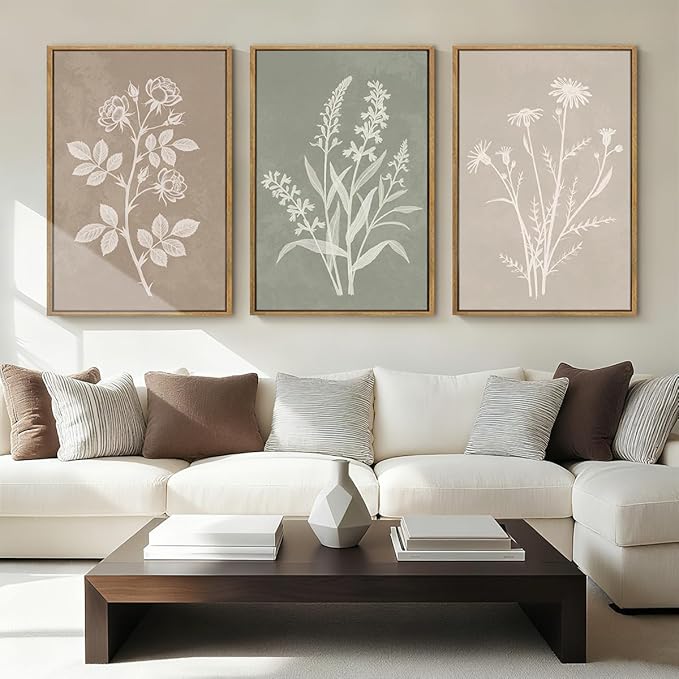 Anyzal Large Framed Boho Botanical Wall Art 16x24 Inch Neutral Plant Canvas Wall Decor Minimalist Floral Farmhouse Painting for Living Room Bedroom Dining Room Set of 3