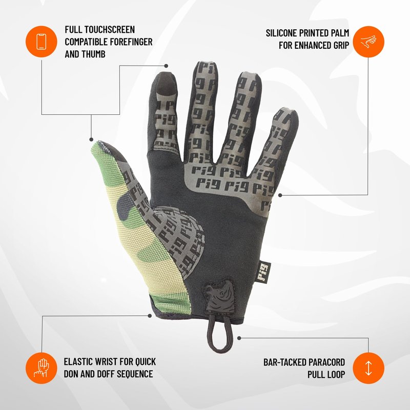 PIG Delta Utility Tactical Gloves, Touchscreen Compatible, High Dexterity, for Shooting, 1 Pair, Woodland, Small