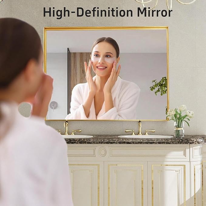 60x30 Inch Gold Bathroom Mirrors for Over Sink, Modern Rectangle Mirror, Large Framed Mirrors, Tempered Glass, Wall Mounted for Bedroom Living Room Horizontal/Vertical