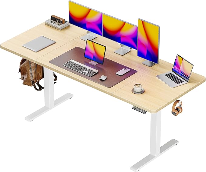 Huuger 63 x 28 Large Electric Standing Desk, Height Adjustable Computer Desk, 27.6" Deep Desktop, Stand up Gaming Office Table with 2 Hooks, 3 Preset Heights, for Home Office, Maple