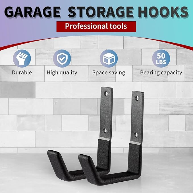 Heavy Duty Wall Mount Hooks, Utility Hooks, Tool Organizer - Steel Garden/Garage Hose Hanger U Hooks (2, Small)