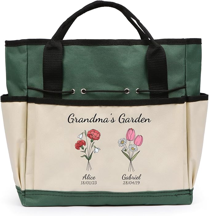 Personalized Garden Tools Set for Women: Custom Text Garden Tool Bag and Garden Shovel & Transplant Shovel & Hand Rake - Gardening Gifts for Mom Grandma Gardening Lover (2 Flowers)