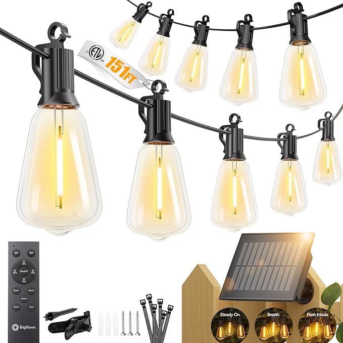 Brightown 151FT Solar String Lights Outdoor Waterproof, Patio Lights with Remote and 48+2 LED Shatterproof Bulbs, Dimmable & Timable, 3 Light Modes, Solar Lights Outdoor for Yard Camping Party Outside