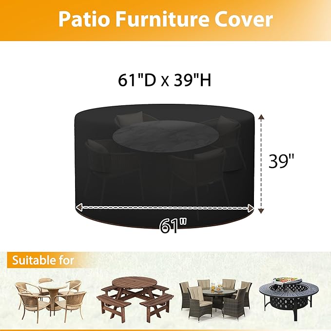 HDCAXKJ Round Patio Table Cover Waterproof Outdoor Dining Table and Chair Set Cover Heavy Duty Round Protector with Zipper Anti-Fading Cover for Outdoor Furniture (Black, 61"DIA x 39"H)