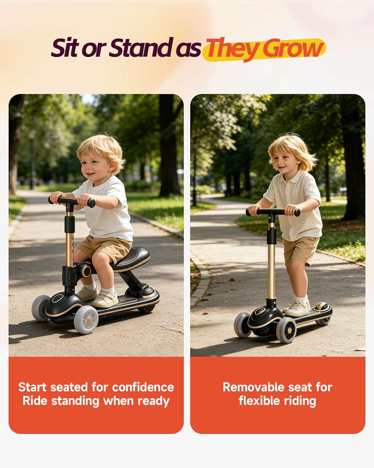 Skiennix 2-in-1 Toddler Scooter - Sit-to-Stand Training for Kids Ages 2-5 | Adjustable Handlebars & Light-Up Wheels