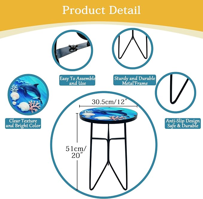 12 Inch Folding Outdoor Side Tea Table, Dolphin Shell Coral Small Accent Tables, Plant Tables Indoor, Garden or Living Room Decor Afternoon Tea Dinner Table, Simple Assembly Cast Iron Plant Stand