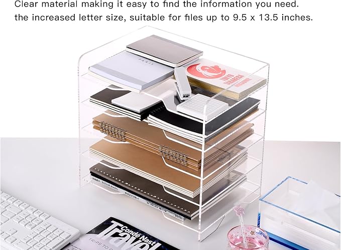 Acrylic Paper Letter Tray Organizer, 5 Tiers, Transparent, Modern, Rectangular, Stackable, Office