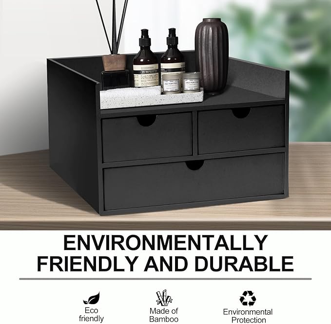 Bamboo Desk Organizer 3 Drawer with Shelf, Countertop Organizer with Drawers Makeup Storage Drawer 3 Drawers Tabletop Storage Organization Box Home Office Workspace（Black）