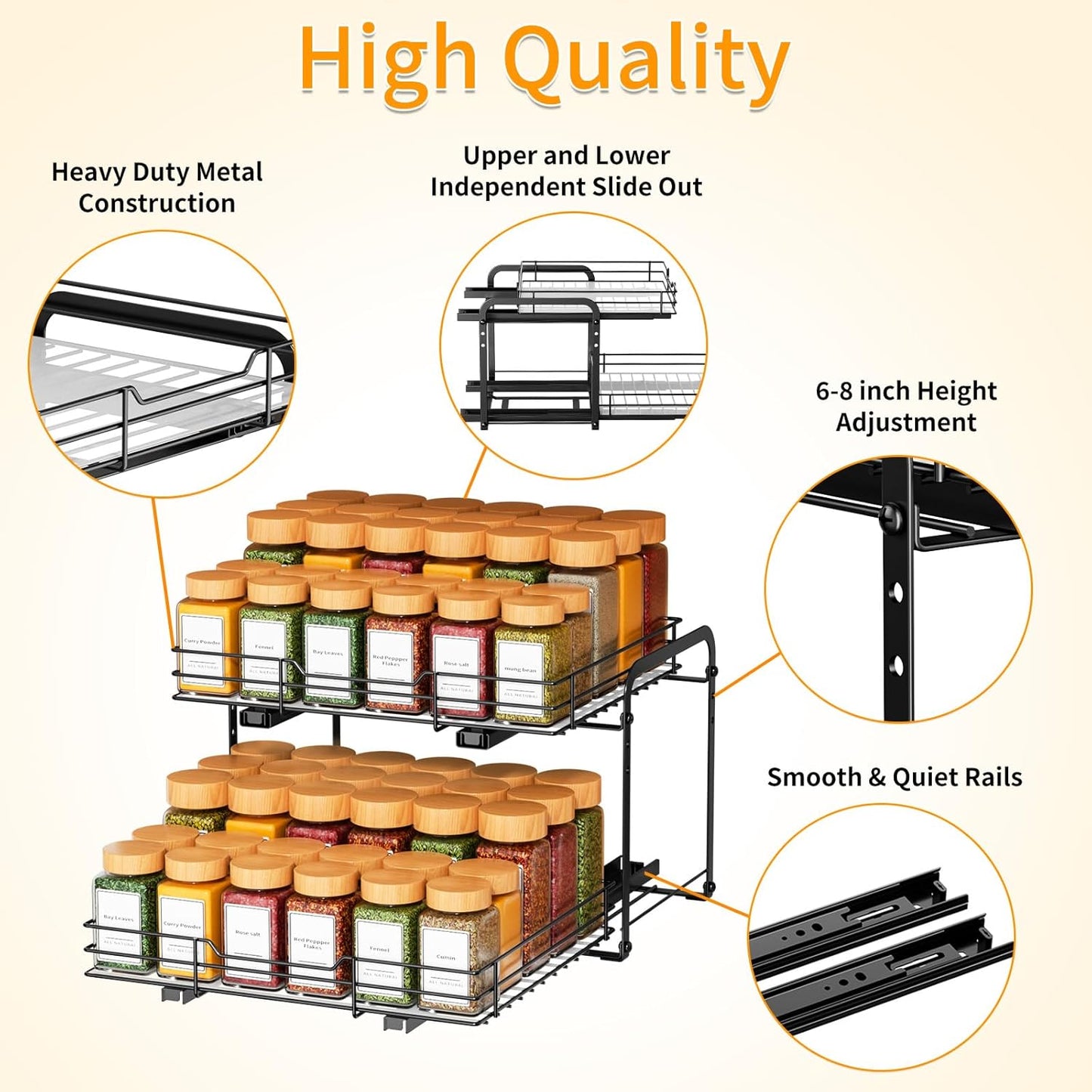 RCHYFEED Spice Rack Organizer for Cabinet, 2 Tier Slide out Spice Organization for Inside Cabinets & Pantry, Heavy Duty Adjustable Metal Spice Racks for Seasoning Organizer (13.5" Wx10.5 Dx9.5 H)
