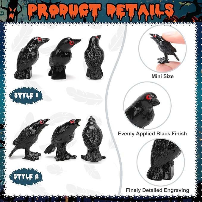60pcs Mini Black Crow Decor, Miniature Resin Fake Crow Halloween Decor Tiny Black Birds Cake Topper Raven Figurine Halloween Ravens Decoration for Holiday Scene Micro Landscape Spooky Party