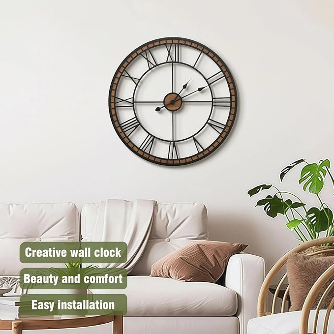 Micasso Large Farmhouse Wall Clock: 24 inch Modern Metal Black