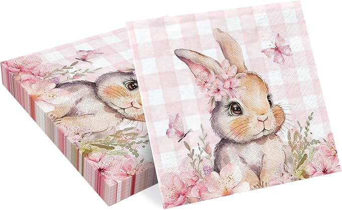 Cute Pink Bunny Paper Napkins, 3-Ply, 6.5 x 6.5 Inch, Disposable Rabbit Cocktail Napkins for Decoupage, Spring Holiday, Dinner Party, Wedding, Baby Shower, Birthday Party Decorations