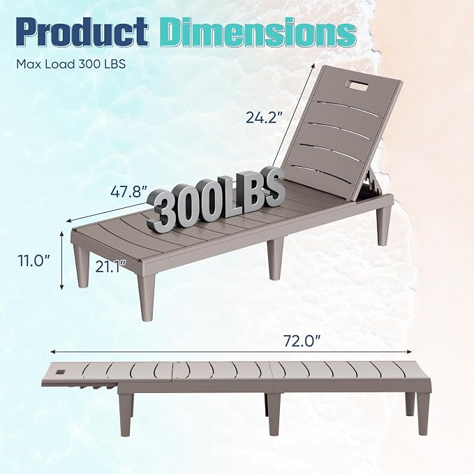 Devoko Outdoor Chaise Lounge Chair Set of 2 with 5-Position Adjustable Back, Waterproof & Lightweight PP Lounge Chairs for Outside Pool Patio (Light Brown)