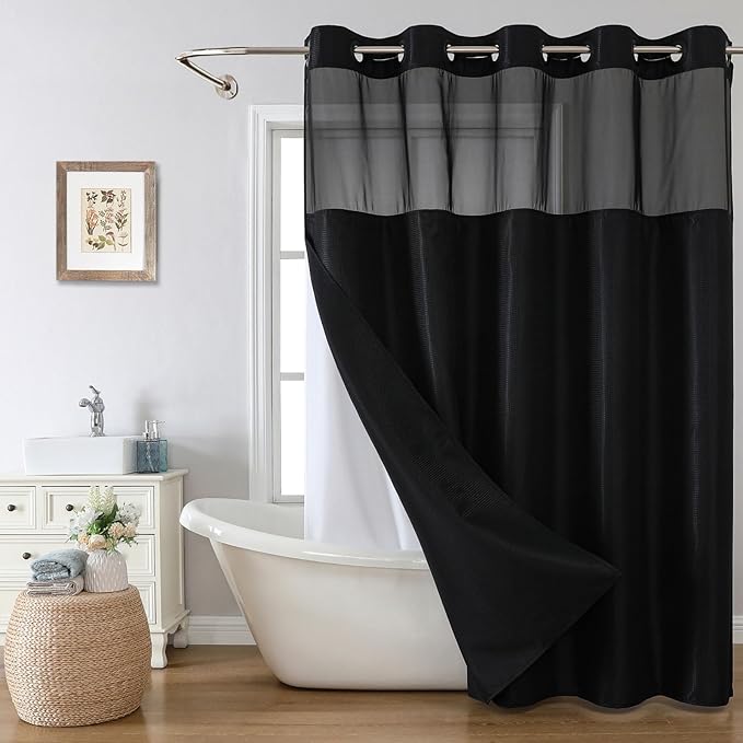Stall No Hook Shower Curtain with Snap-in Fabric Liner Set,Waffle Weave Shower Curtains for Bathroom,Hotel Luxury Decor Bathroom Curtain Set,Waterproof & Washable,Black,54Wx80H