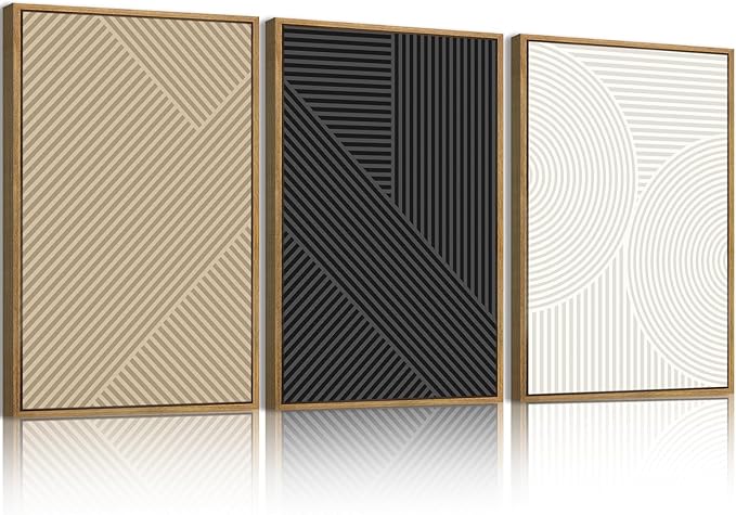 Anyzal Large Framed Black Abstract Wall Art 16x24 Inch Boho Modern Canvas Wall Decor Neutral Minimalist Line Artwork for Living Room Bedroom Dining Room Set of 3