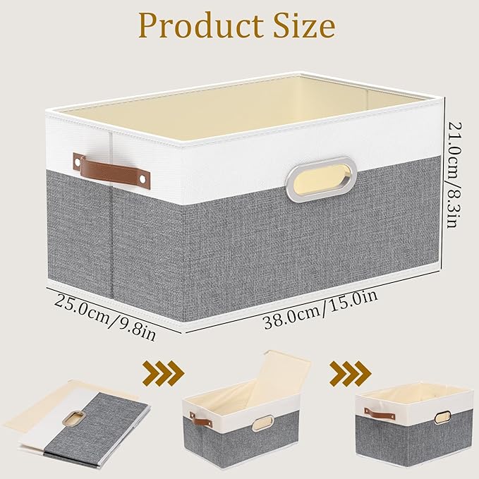 Yawinhe Foldable Storage Baskets for Shelves, Fabric Closet Organizers, Bins with 3 Handles, Cubes for Clothes, White/Grey, 15''Lx9.8''Wx8.3''H, 4-Pack