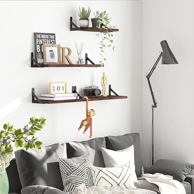 YGEOMER Floating Shelves for Wall, Different Sizes Dark Carbonized Pine Wall