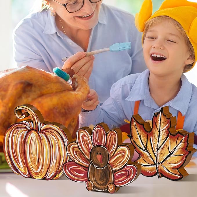 Smile 3 Pcs Wooden Blocks Pumpkin Turkey Maple Signs, Thanksgiving Tiered Tray Decorations, for Home Table Shelf.