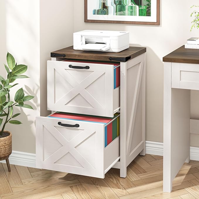 2 Drawer Small File Cabinet, Farmhouse Vertical Filing Cabinet Fits Letter and A4 Size, Under Desk Wooden File Cabinets for Home Office, Printer Stand, Rustic White