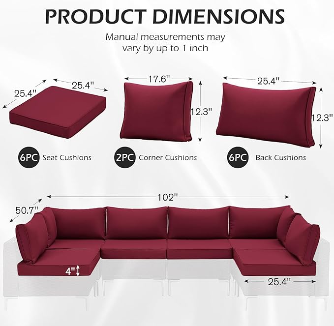 HOMREST 14-Piece Patio Replacement Cushions Set, Deep Seat 25x25 Inch Outdoor Sofa Cushions, Waterproof & Non-Slip Bottom, for 6-Seat Rattan Wicker Sectional Furniture,Burgundy