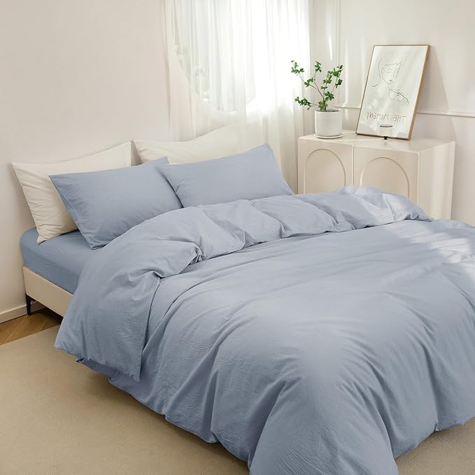 JIYUAN 100% Washed Cotton Duvet Cover Set 3 Pieces King, 1 Duvet Cover 104x90 Inches(Comforter Not Included) and 2 Pillowcases,Linen Feel Bedding Set Comfy and Breathable, Heathered Light Blue