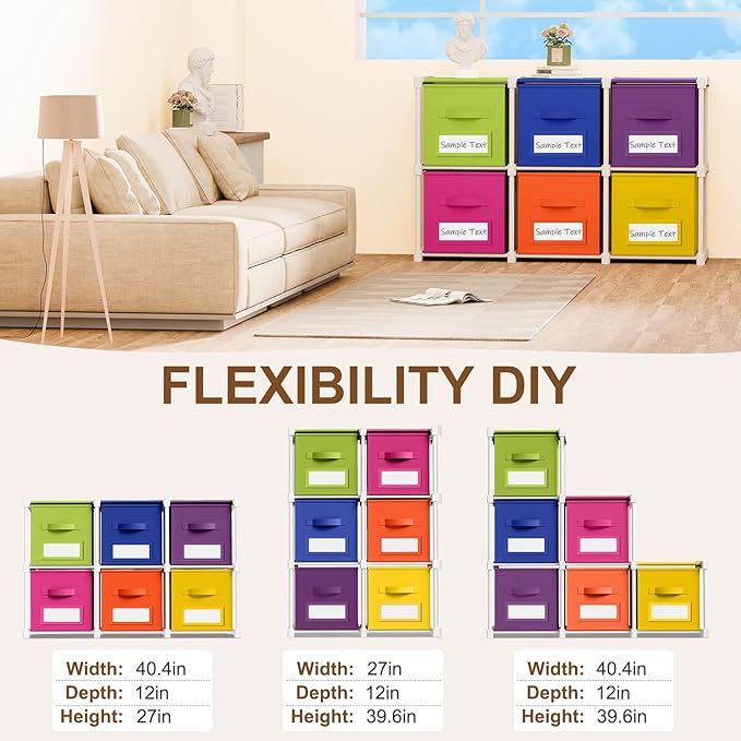Geelin 6 Sets Cube Storage Organizer Bins with Shelf & Labels 11 Inch, Fabric Collapsible Cubby Toys Clothes Storage Drawer Unit for Daycare Nursery Playroom Bedroom Dorm Organizer (Rainbow)