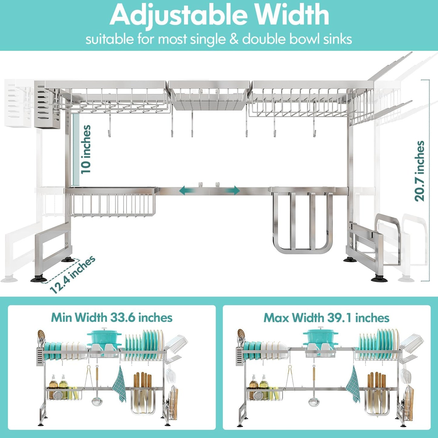 MAJALiS Over Sink Dish Drainer Drying Rack, 2 Tier Stainless Steel Dish Rack Over Sink Sink Length Adjustable (33.5-40 in), Expandable Drainer Shelf Rack with Multifunctional Organizers, Sliver
