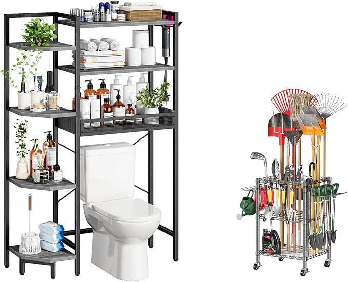 T1 Garden Tool Organizer（with Lockable Wheels） Storage UP to 50 Tools Heavy Duty 7-Tier Over The Toilet Storage（with Basket and Paper Hook） with Adjustable Feet