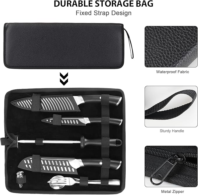 MOSFiATA Kitchen knives set with Carry case Bag,Stainless Steel Chefs Knife Set with Knife Sharpener Rod,Japanese Santoku Knives Set with ABS Handle for Outdoor Travel Camping BBQ