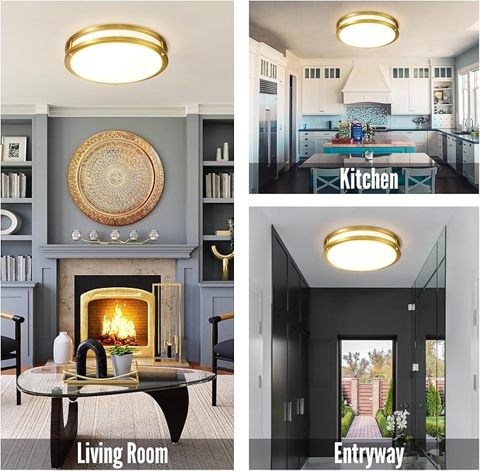 Gold Ceiling Light Fixture 24W, 12 inch LED Flush Mount Ceiling Light for Bedroom, Kitchen, Bathroom, 5CCT Dimmable Close to Ceiling Light Fixture for Hallway 2 Pack…