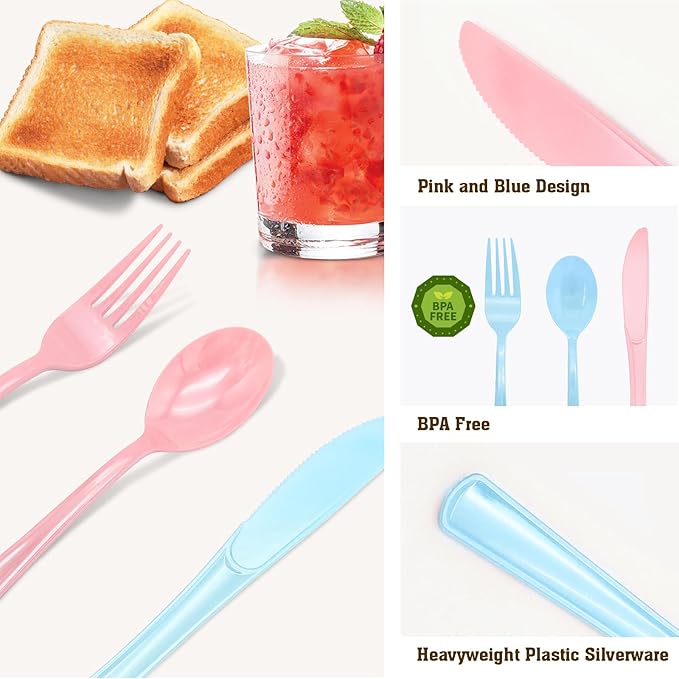 150 Pcs Pink and Blue Silverware Heavy Duty Pink and Blue Plastic Cutlery - 50 Plastic Forks, 50 Knives, 50 Spoons for Birthday, Baby Shower, Gender Reveal