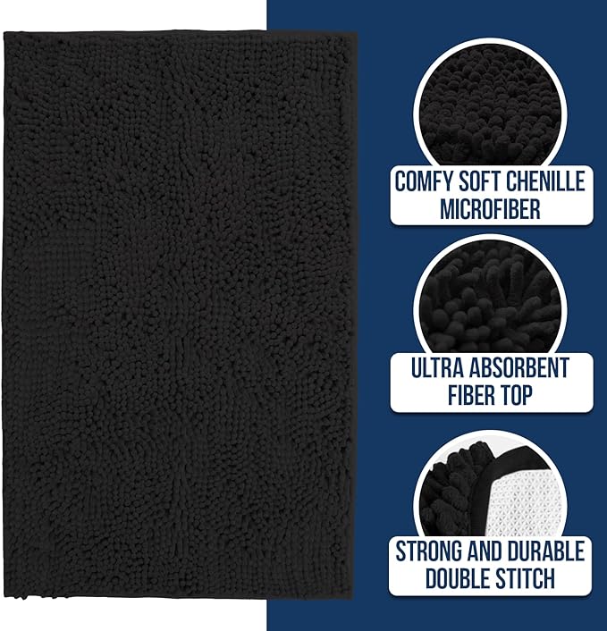 Muddy Mat Chenille Bathroom Rugs Quick Dry Microfiber Mats Non Slip Washable, Extra Thick, Soft and Highly Absorbent Bath Mats for Bathroom, Kitchen, and Shower Floor - Black XL 59"X35"
