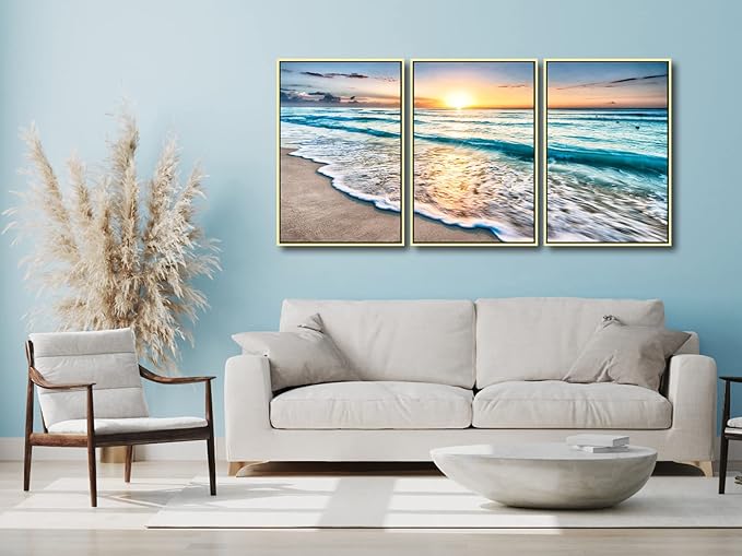 Wieco Art Framed Wall Art 3 Panels Blue Beach Canvas Art