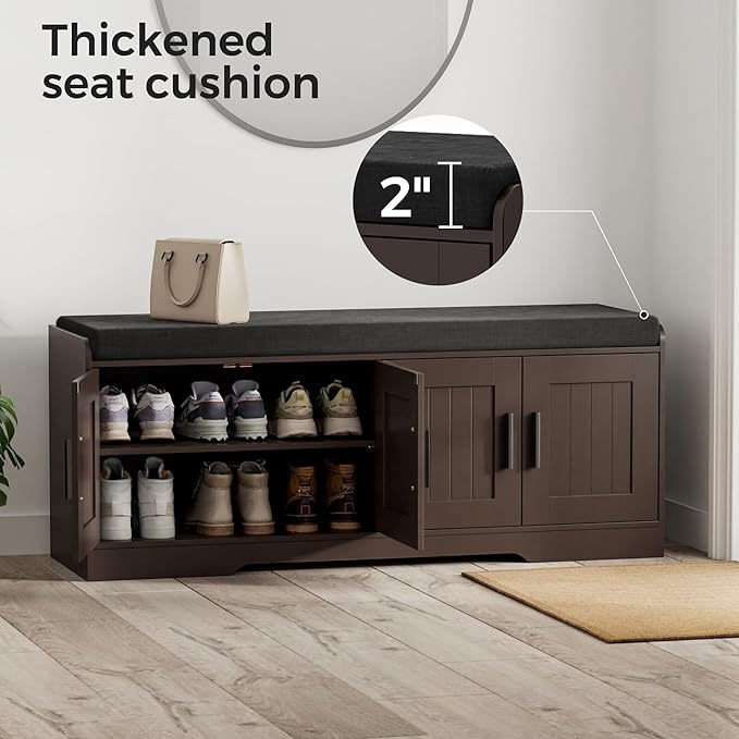 2-Tier Storage Bench, Shoe Bench with Thickened Padded Seat Cushion, Entryway Bench with 4 Doors, Adjustable Shelf, 13.8" D x 45.3" W x 18.5" H, for Entryway, Living Room, Bedroom, Brown