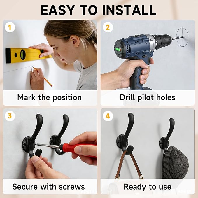6 Pack Coat Hooks Wall Mount, Heavy Duty Wall Hooks