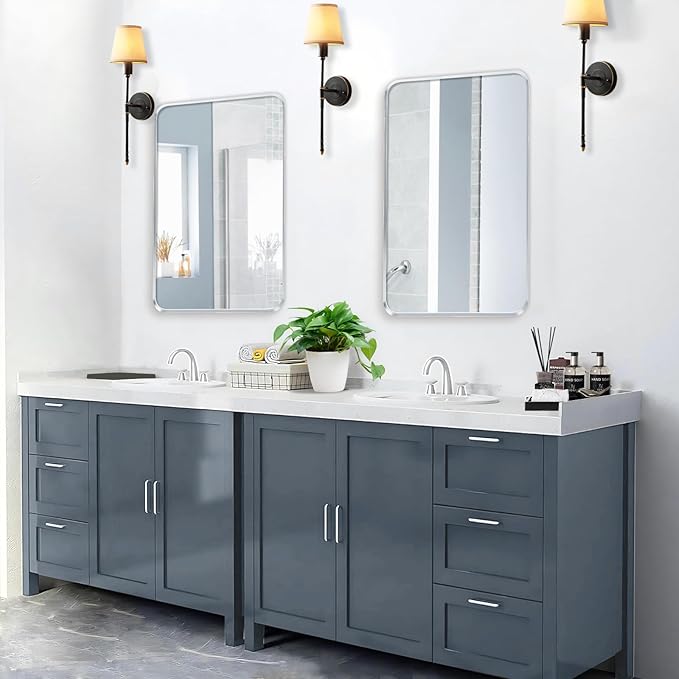 Wall Mount Mirror for Bathroom, Brush Silver Metal Framed Rounded Corner