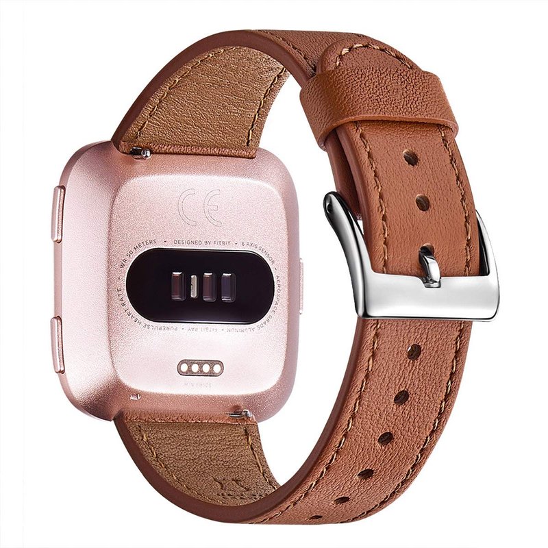 WFEAGL Leather Band for Fitbit Versa - Top Grain Leather Replacement Strap (Brown + Silver Buckle)